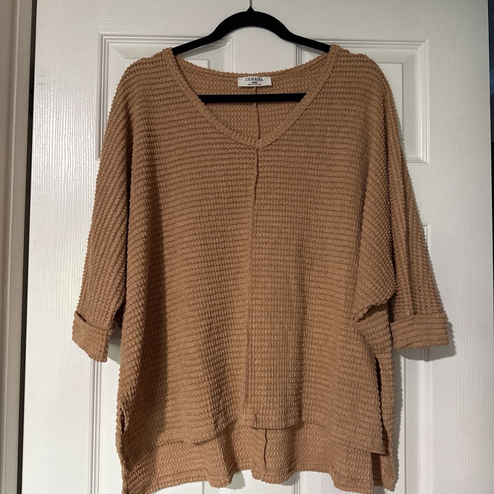 Zenana Outfitters Tan Waffle Knit V-Neck Pullover